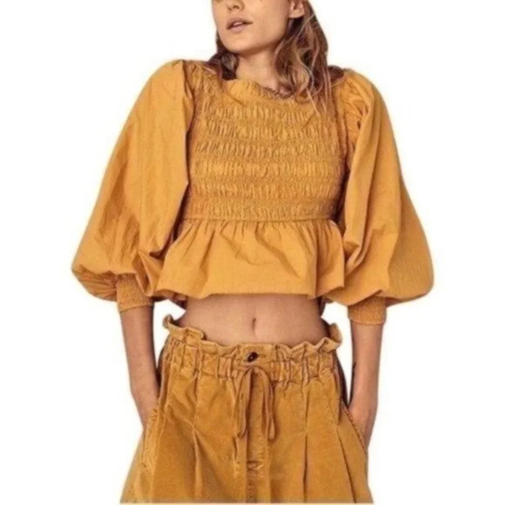 Free People Ruffled Whoa Blouse Mustard Yellow Women Size Small NWOT
